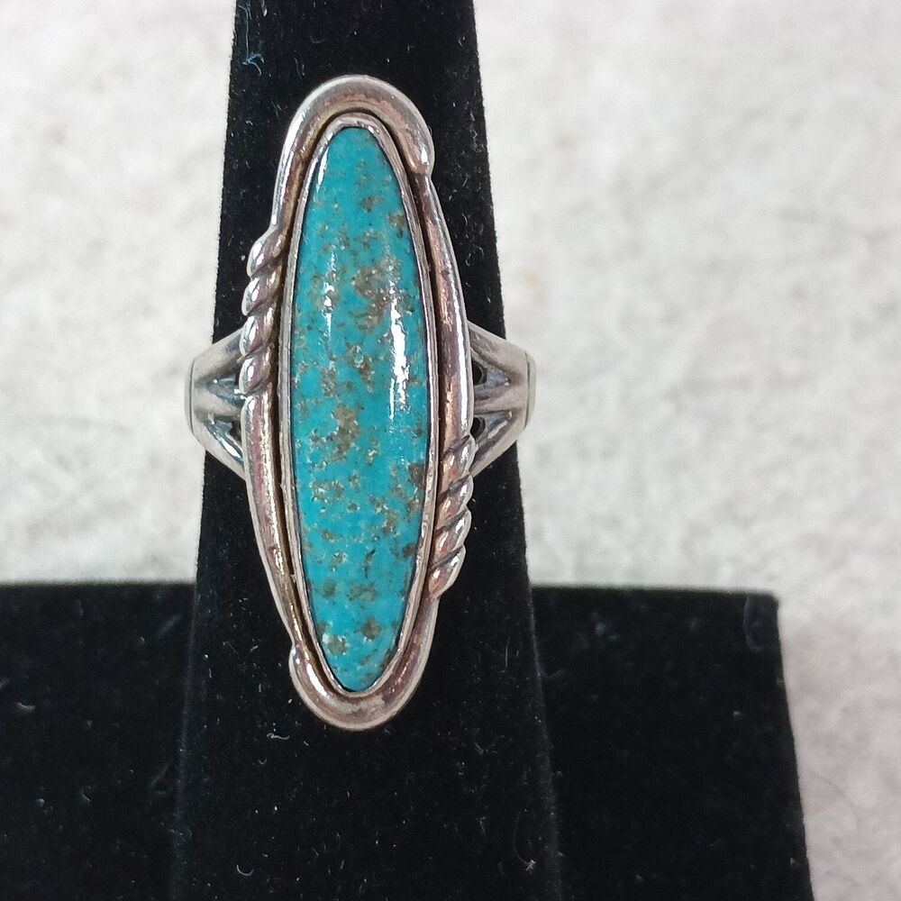 Vintage DG Sterling Silver Turquoise Ring Long Oval Southwestern Statement Sz6